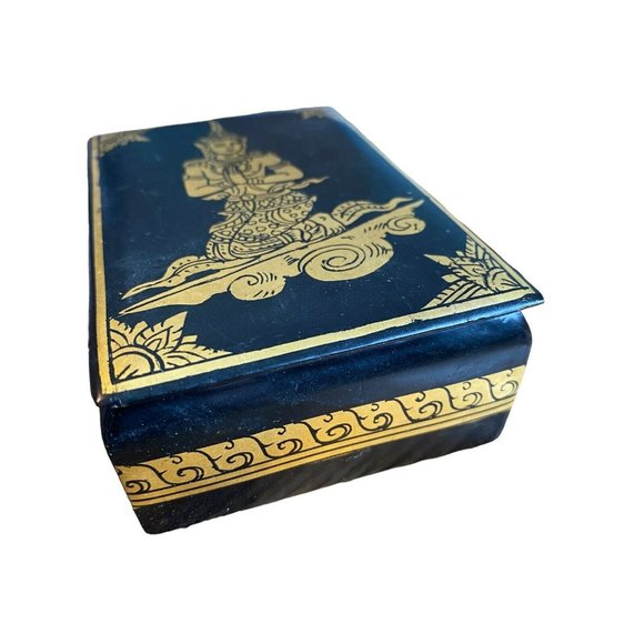 Vintage Black Lacquer Decorative Box w/ Gilt Design Balinese Dancer 4.5"x3"x1.5" - Picture 4 of 16